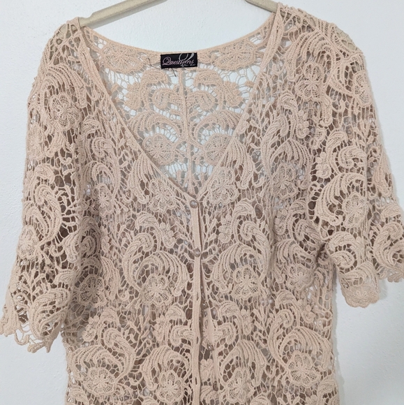 Vintage Y2K Open Crochet Short Sleeve Top Button Front Open Knit Beige Large L - Picture 2 of 7